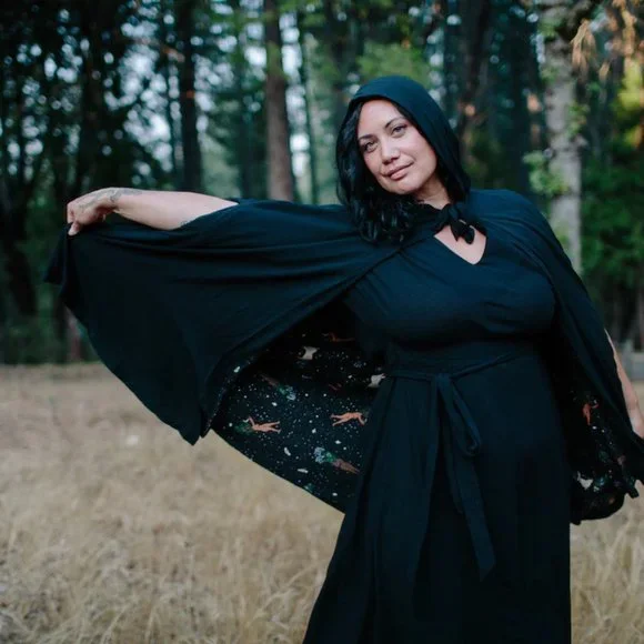 Hooded cape w/ unique "Protection Spell" reversible custom witch print - Picture 7 of 14